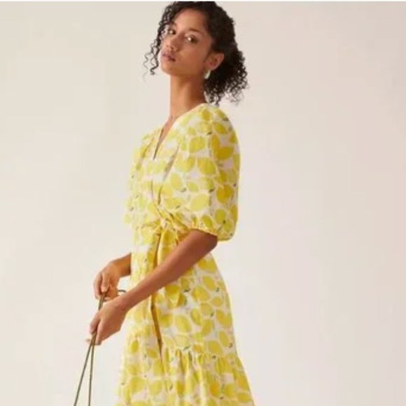 Anthro/Hutch V-Neck Tiered Wrap Midi Dress Size Large Lemon Citrus NWT - Picture 1 of 11